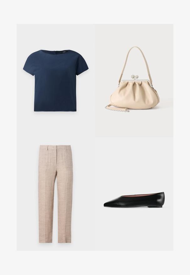 Haut à manches courtes bleu marine, encolure ronde, tissu lisse, coupe décontractée, avec une fermeture discrète au dos et des détails de couture minimes.; Pantalons en lin beige clair avec une coupe droite, présentant une surface texturée et des plis marqués, conçus avec des poches latérales et une fermeture à bouton.; Chaussure plate en cuir noir pour femme, avec bout pointu et petit talon, vue de côté sur un fond gris clair uni.; Sac à main en cuir souple beige avec un fermoir en métal argenté, une bandoulière simple et une bandoulière chaîne optionnelle sur fond blanc.