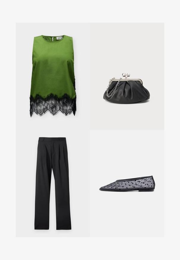 Haut sans manches en satin vert avec encolure ronde et bordure en dentelle florale noire à l'ourlet, avec une petite fermeture à bouton au dos.; Pantalon habillé noir avec passants de ceinture et plis, coupe droite, posé à plat sur un fond blanc.; Chaussure plate noire à bout pointu, en tissu transparent avec un motif à pois noirs sur un fond clair.; Porte-monnaie en cuir noir avec texture froncée, cadre en métal argenté, fermeture à verrouillage kiss-lock et bandoulière en chaîne. Surface lisse et douce.