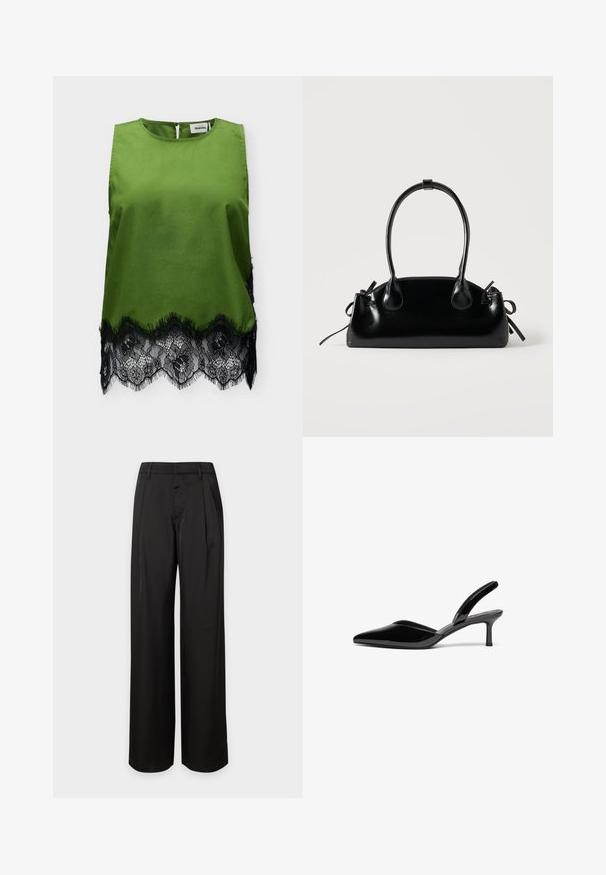 Haut sans manches en satin vert avec encolure ronde et bordure en dentelle florale noire à l'ourlet, avec une petite fermeture à bouton au dos.; Pantalon noir taille haute à jambes larges avec passants de ceinture et plis devant, présenté sur un fond clair uni.; Escarpins à talon aiguille en cuir verni noir, avec un bout pointu, un talon aiguille bas et un design élégant et simple sans embellissements.; Petit sac à main noir brillant avec deux longues anses et des détails à cordon sur les côtés sur un fond clair uni.