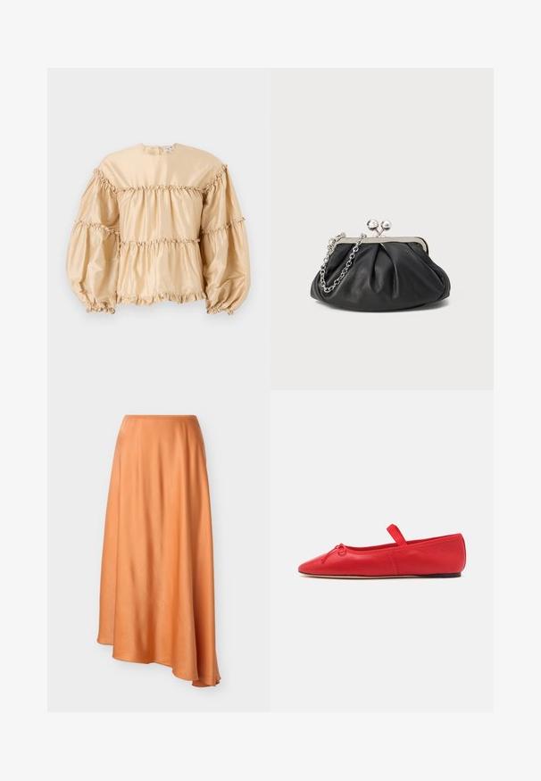 Blusa de satén beige con mangas abullonadas, diseño en capas y detalles fruncidos a lo largo de las costuras. Cuello redondo con cierre en la parte posterior.; Falda midi de bajo asimétrico en tela naranja lisa y brillante con cintura ajustada y caída fluida.; Loeffler Randall LEONIE SOFT BALLET FLAT - Bailarinas con hebilla - red; Clutch de cuero negro con textura arrugada, marco de metal en tono plateado, cierre de beso y cadena para colgar. Superficie suave y lisa.