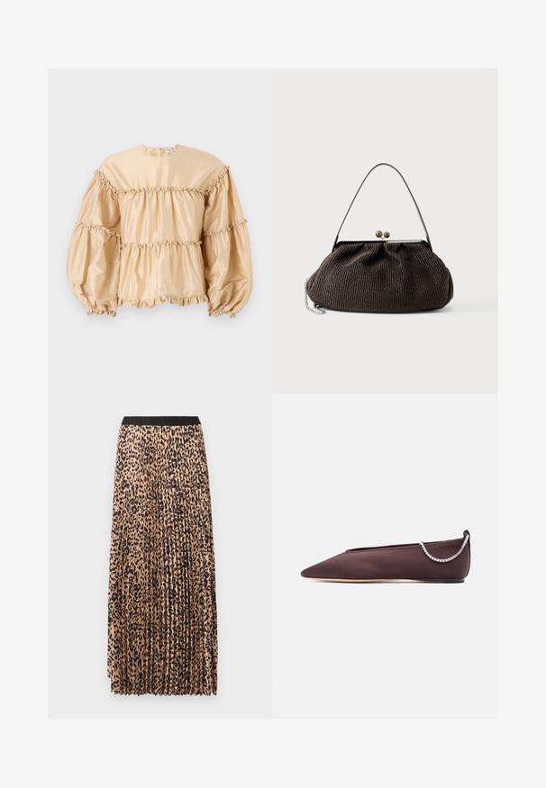 Beige satijnen blouse met pofmouwen, gelaagd ontwerp en geplooide details langs de naden. Ronde halslijn met een sluiting aan de achterkant.; Plissé maxirok in beige met zwarte luipaardprint. Voorzien van een zwarte tailleband, zachte textuur en vloeiend ontwerp.; Donkerbruine platte schoen met puntige neus, lage hak en een zilveren rijglin met strassteentjes aan de achterkant.; Kleine donkerbruine handtas met textuur, een korte band, metalen frame en sluiting, liggend op een effen lichte achtergrond.