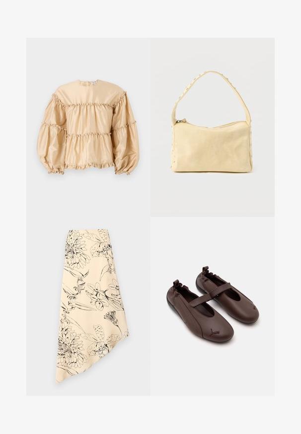 Beige satijnen blouse met pofmouwen, gelaagd ontwerp en geplooide details langs de naden. Ronde halslijn met een sluiting aan de achterkant.; Beige asymmetrische rok met zwarte lijntekeningen van bloemen, met grote bloesems en bladeren.; Bruine leren Mary Jane stijl schoenen met elastische achterkant, een riempje over de wreef en een Puma-logo op de afgeronde tenen.; Kleine beige leren handtas met een enkele band en zilveren studs langs de randen en band, tegen een effen achtergrond.