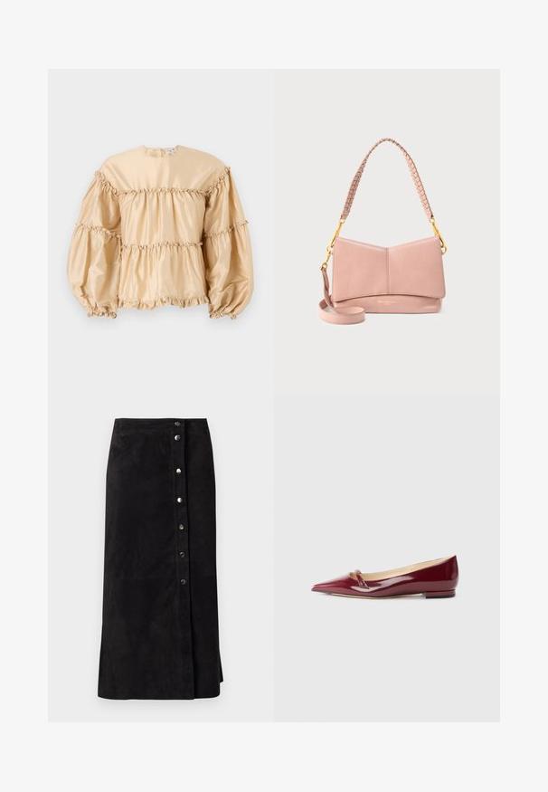 Blusa de satén beige con mangas abullonadas, diseño en capas y detalles fruncidos a lo largo de las costuras. Cuello redondo con cierre en la parte posterior.; Falda midi de ante negra con botones a presión plateados en la parte delantera y abertura lateral, corte recto y cintura alta.; Bailarinas de charol burdeos con punta afilada, que presentan un pequeño detalle de corte y un tacón bajo. Textura suave y diseño elegante.; Bolso de cuero rosa pálido con diseño plegado, asa trenzada, detalles en hardware dorado y correa de hombro ajustable.