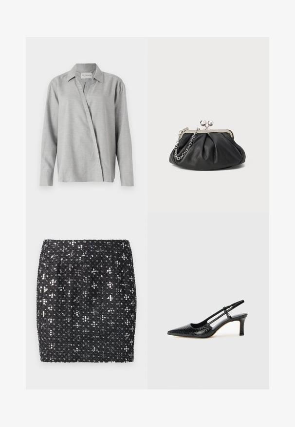 CLOSED ASYMMETRIC SHIRT - Blusa - light grey; Falda mini negra cubierta de pequeñas lentejuelas plateadas dispuestas en patrones florales sobre una tela texturizada.; Tacón slingback negro de charol con punta afilada, que presenta un estampado de serpiente texturizado, correa ajustable y un tacón bloque corto y texturizado.; Clutch de cuero negro con textura arrugada, marco de metal en tono plateado, cierre de beso y cadena para colgar. Superficie suave y lisa.