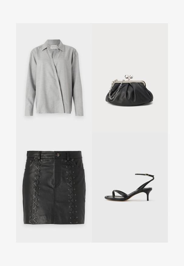 CLOSED ASYMMETRIC SHIRT - Skjortebluser - light grey; Sort læder mini nederdel med snøre detaljer i siderne med metal øsken, fem-lomme design og en tætsiddende silhuet.; Sort damesandal i læder med tynde remme, en tå-loop, ankelspænde og en mellemhøj stiletthæl på en neutral baggrund.; Sort læder clutch med samlet tekstur, sølvfarvet metalramme, kys-lås lukning og kædestrop. Glat, blød overflade.