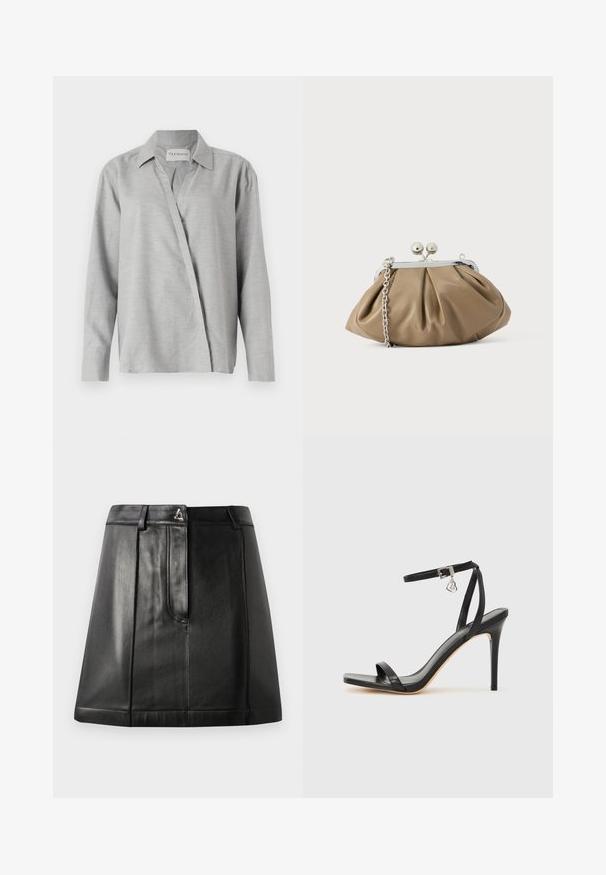 CLOSED ASYMMETRIC SHIRT - Skjortebluser - light grey; Sorte læderskirt med en struktureret form, der har en frontlomme og en metalaccent i taljen. Glat tekstur og broderede detaljer.; Sort hæl-sandal med smal ankrem, firkantet tå-boks, glat lædermateriale og metalspænde som pynt.; Læderclutch i blød beige med afrundet form, plisseret tekstur, sølvfarvet kiss-lock lukning og aftagelig kæderem.
