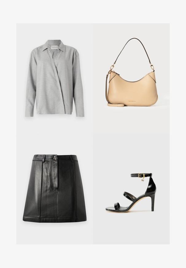 CLOSED ASYMMETRIC SHIRT - Chemisier - light grey; Jupe en cuir noir avec une forme structurée, dotée d'une poche avant et d'un accent métallique à la taille. Texture lisse et détails de couture.; Sandale en cuir verni noir avec trois brides, boucle de cheville et talon aiguille de 10 cm. Présente un détail en métal doré et un charm logo.; Sac à bandoulière en cuir beige avec bandoulière détachable, ferrures dorées et ouverture zippée sur le dessus, affichant un logo subtil de la marque au centre devant.
