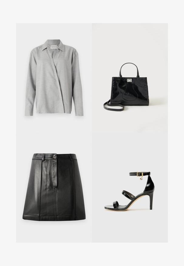 CLOSED ASYMMETRIC SHIRT - Blúzka so zapínaním na gombíky - light grey; Čierna kožená sukňa so štruktúrovaným tvarom, ktorá má prednú vrecko a kovový akcent v oblasti pása. Hladká textura a prešité detaily.; Čierne lakované sandále s tromi pásikmi, spona na členku a 10 cm ihlovým podpätkom. Obsahujú zlaté detaily s hardwarem a logo prívesok.; Čierna kabelka z lakovanej kože s zaoblenými rúčkami, odnímateľným ramenným popruhom a strieborným zapínaním na jednoduchom bielom pozadí.