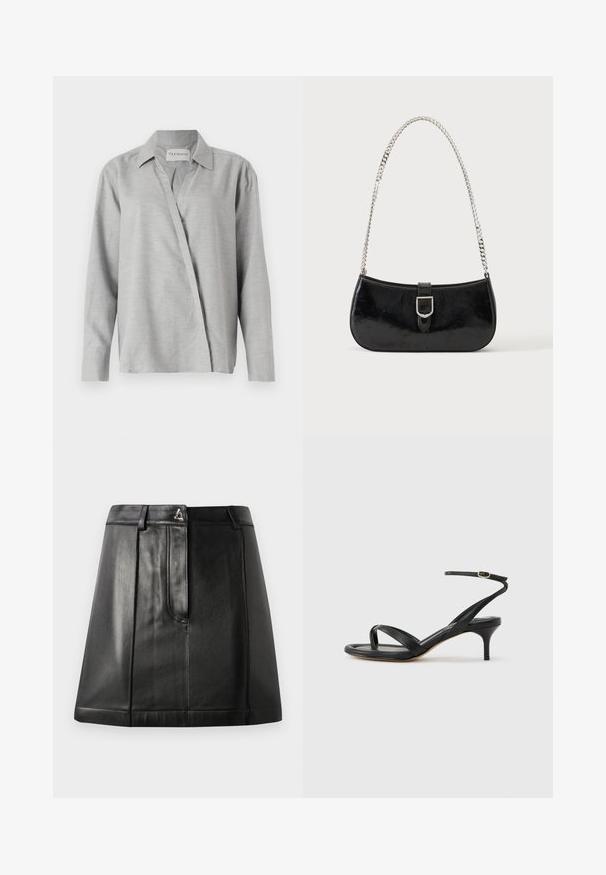 CLOSED ASYMMETRIC SHIRT - Skjortebluser - light grey; Sorte læderskirt med en struktureret form, der har en frontlomme og en metalaccent i taljen. Glat tekstur og broderede detaljer.; Sort damesandal i læder med tynde remme, en tå-loop, ankelspænde og en mellemhøj stiletthæl på en neutral baggrund.; Sort skuldertaske i laklæder med sølv spænde og sølv kæderem, vist mod en ensartet lys baggrund.