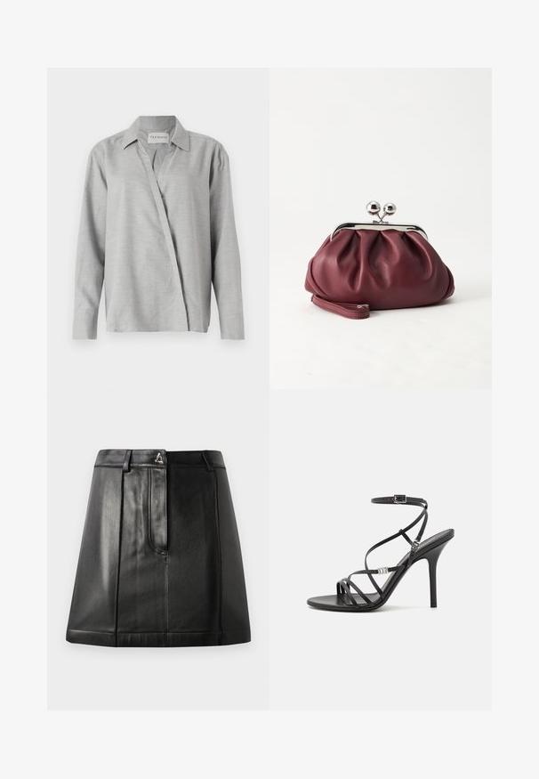 CLOSED ASYMMETRIC SHIRT - Skjortebluser - light grey; Sorte læderskirt med en struktureret form, der har en frontlomme og en metalaccent i taljen. Glat tekstur og broderede detaljer.; Sort højhælet sandal med tynde stropper, en ankelspænde, en glat læderoverflade og en slank stilethæl.; Lille bordeauxlæder clutch-pung med sølv metal lukning og håndledsrem på hvid baggrund.