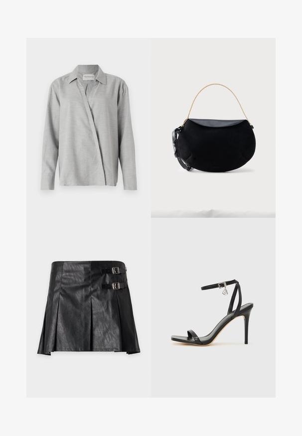 CLOSED ASYMMETRIC SHIRT - Skjortebluser - light grey; Sort mini nederdel i kunstlæder med plisseringer og to sølv spænder på højre side mod en ensfarvet baggrund.; Sort hæl-sandal med smal ankrem, firkantet tå-boks, glat lædermateriale og metalspænde som pynt.; Sort halvåformet håndtaske med glat læderklap, gyldent kædehåndtag og justerbar sort læderrem på hvid baggrund.