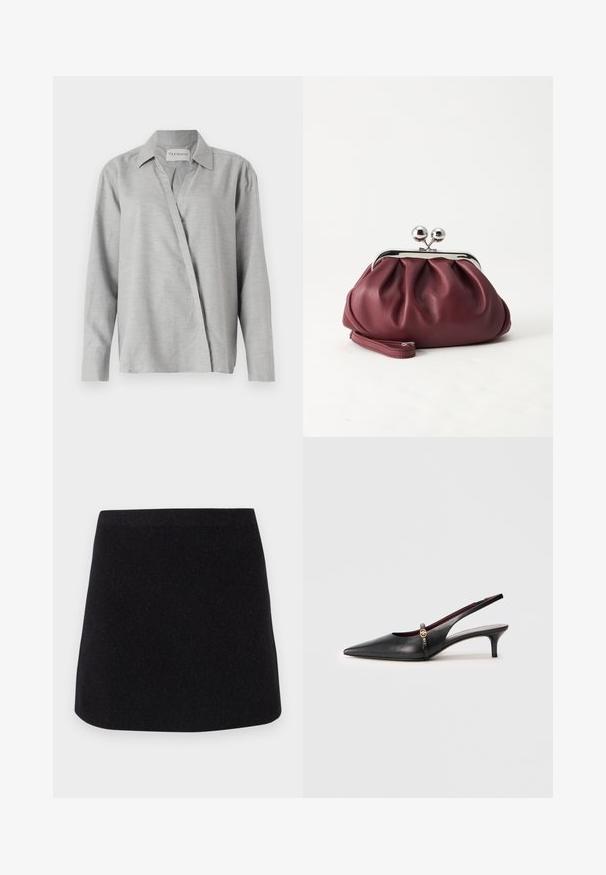 CLOSED ASYMMETRIC SHIRT - Skjortebluser - light grey; CLOSED A-snit nederdel - black; Sort læder slingback-hæl med spids tå, tynd hæl og en guldfarvet detalje nær ankelstropperne. Glat tekstur og enkelt design.; Lille bordeauxlæder clutch-pung med sølv metal lukning og håndledsrem på hvid baggrund.