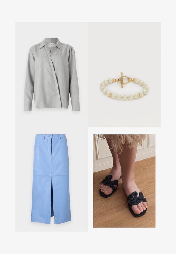 CLOSED ASYMMETRIC SHIRT - Skjortebluser - light grey; Lyseblå midi-lædernederdel med frontslids, knaplukning og bæltestropper, vist på en ensfarvet baggrund.; Person iført sorte åbne slid-sandaler med skriftligt design på trægulv ved siden af en hvid panelvæg.; Armbånd med runde hvide perler og små guldperler, med en dekorativ guldlås på en ensfarvet lys baggrund.