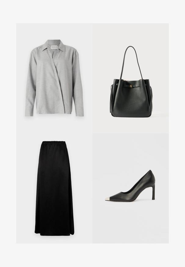 CLOSED ASYMMETRIC SHIRT - Skjortebluser - light grey; Lang sort nederdel med en glat, krøllet tekstur og en elastisk talje. Har en sideslids for nem bevægelse og en strømlinet silhuet.; Sort læder højhælet sko med spids tå og metal-sølv hætte. Har en glat finish og en slank hæl på 10 cm.; Sort læder tote bag med en struktureret overflade, der har to lange håndtag og en guldtonet knaplukning foran.
