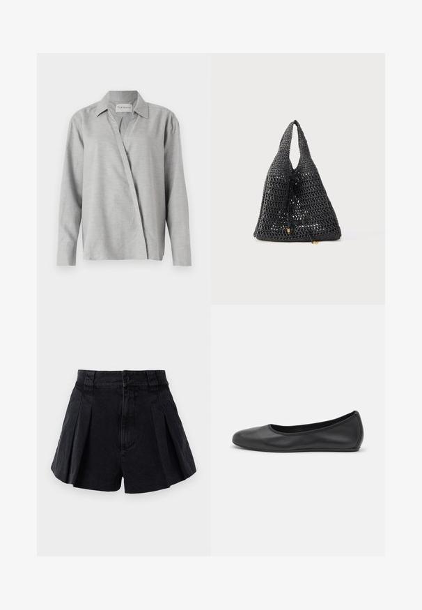CLOSED ASYMMETRIC SHIRT - Skjortebluser - light grey; Sorte plisserede shorts i let stof. Har en frontknaplukning og to sidelommer. Glat tekstur med en rengjort finish.; Sort læderballetsko med rund tå, glat tekstur, minimal syning og et fleksibelt såldesign.; Sort flettet taske med en åben, mesh-lignende struktur. Justerbar snørelukning og to håndtag. Enkel design uden yderligere udsmykninger.