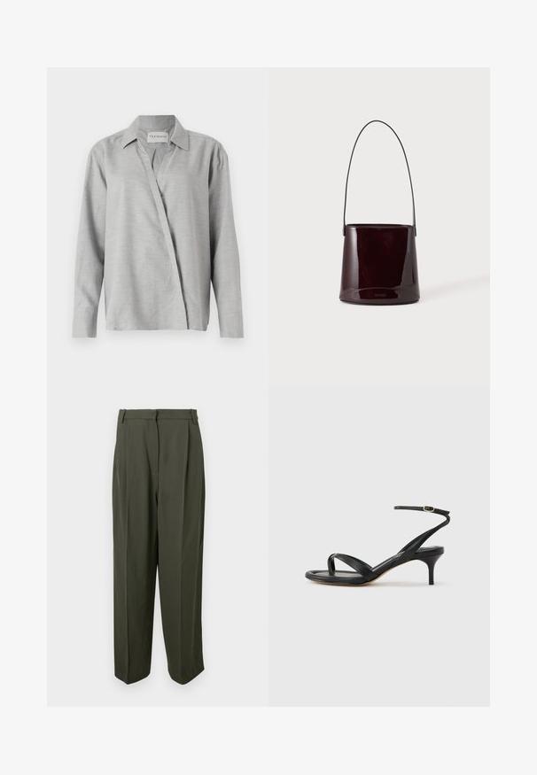 CLOSED ASYMMETRIC SHIRT - Blúzka so zapínaním na gombíky - light grey; Olivové nohavice vyrobené z hladkej textílie, s vysokým pásom, skládaným predným dielom a širokými nohami. Žiadne viditeľné vrecká ani ozdoby.; Čierne kožené sandále pre ženy s tenkými remienkami, očkom na palec, prackou na členku a stredne vysokým ihličkovým podpätkom na neutrálom pozadí.; Tmavohnedá lesklá kabelka v tvare vedierka s dlhým tenkým remienkom a minimálnym viditeľným šitím na svetlom pozadí.