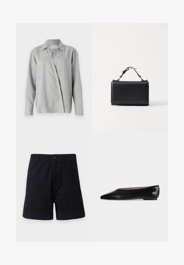 CLOSED ASYMMETRIC SHIRT - Skjortebluser - light grey; Mørkeblå bomuldsshorts med knaplukning, sidelommer og lige snit, med en glat tekstur og enkelt design.; Sort damesko i læder med flad hæl og spids tå, vist fra siden på en ensfarvet lys grå baggrund.; Sort læderhåndtaske med rektangulær form, der har en top-håndtag og hardware i guldtonet. Glat tekstur, minimalistisk design.
