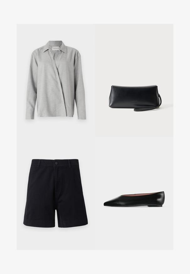 CLOSED ASYMMETRIC SHIRT - Skjortebluser - light grey; Mørkeblå bomuldsshorts med knaplukning, sidelommer og lige snit, med en glat tekstur og enkelt design.; Sort damesko i læder med flad hæl og spids tå, vist fra siden på en ensfarvet lys grå baggrund.; Sort glat læder clutch taske med tyndt håndledsrem, rektangulær form og diskret præget logo centreret foran.
