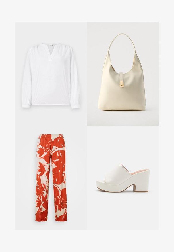 Blusa blanca de mangas largas, con escote en V y patrón de flores bordadas. Tejido suave con un acabado ligeramente texturizado. Puños elásticos.; Pantalones de pierna ancha en un patrón floral rojo y crema con cintura elástica. La tela tiene una textura suave y presenta grandes diseños de hojas y flores.; Mules blancos de plataforma con un acabado suave, diseño de punta abierta y un tacón grueso. Presenta una costura superior sutil y una suela en contraste.; Bolso hobo de cuero color crema con una sola correa para el hombro, textura suave y detalle de cierre metálico dorado en el frente.
