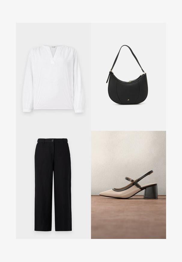 Blusa blanca de mangas largas, con escote en V y patrón de flores bordadas. Tejido suave con un acabado ligeramente texturizado. Puños elásticos.; Pantalones de pierna ancha negros, hechos de una tela ligera, con cierre de botón en la parte frontal y trabillas para cinturón. Textura suave sin patrones visibles.; Zapato beige de tacón alto con tira trasera, puntera puntiaguda, ribete negro y detalle de hebilla. Material liso con acabado mate y tacón medio tipo bloque.; Bolso de mano de cuero negro con forma curva, superficie texturizada, costuras frontales y un logo en tono dorado. Cuenta con una sola correa ajustable.