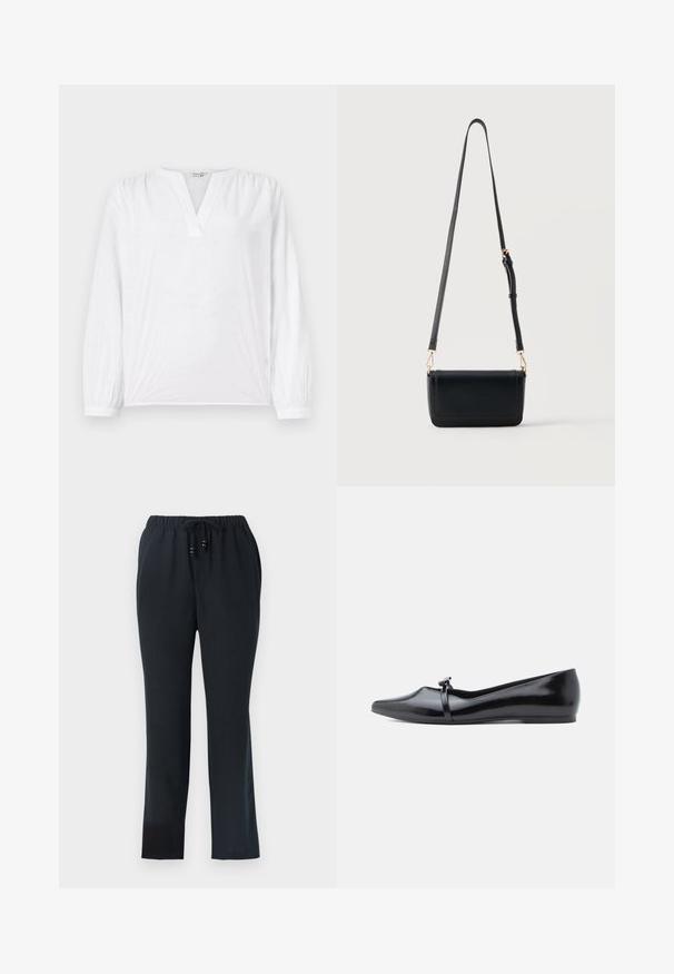 Blusa blanca de mangas largas, con escote en V y patrón de flores bordadas. Tejido suave con un acabado ligeramente texturizado. Puños elásticos.; Pantalones negros de corte relajado con cintura elástica y cordón. Hechos de un tejido ligero, con una textura suave y piernas rectas.; Bailarina de charol negro con punta afilada, correa decorativa y textura lisa. Diseño minimalista sin adornos visibles.; Bolso bandolera de cuero negro con correa ajustable y cierres de tono dorado, de forma rectangular, sobre un fondo claro y liso.