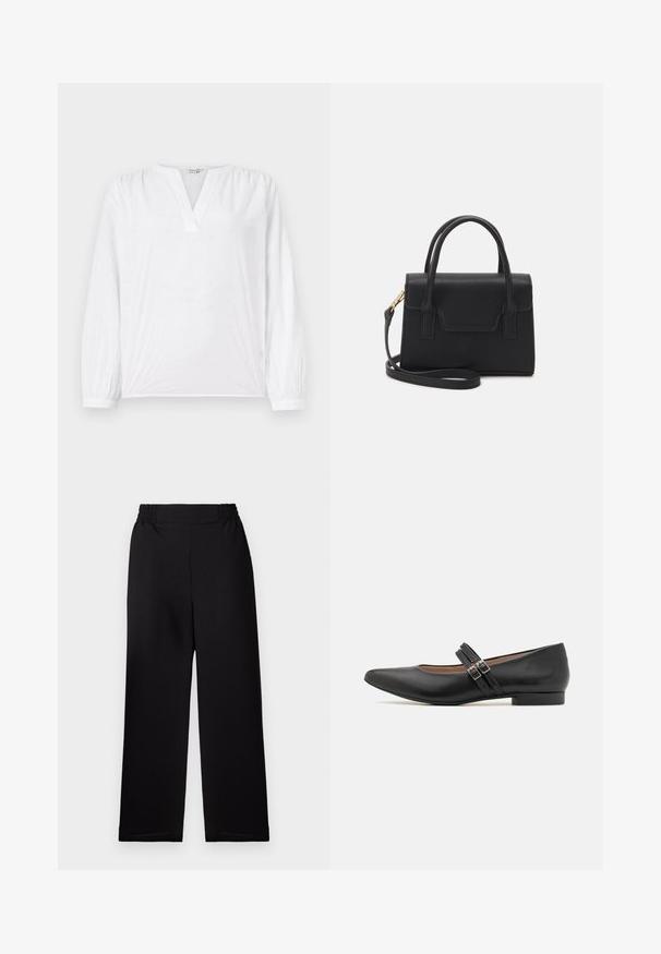 Blusa blanca de mangas largas, con escote en V y patrón de flores bordadas. Tejido suave con un acabado ligeramente texturizado. Puños elásticos.; Pantalones de pierna ancha plisados en negro con cintura elástica. El material tiene un acabado texturizado. Sin hardware visible ni patrones.; Zapato negro de cuero estilo Mary Jane con punta afilada, dos hebillas de correa, tacón bajo y textura suave. Diseñado para una apariencia formal.; Bolso estructurado negro de cuero con un asa superior, correa de hombro desmontable y un detalle de tapa en la parte frontal. Acentos en dorado.