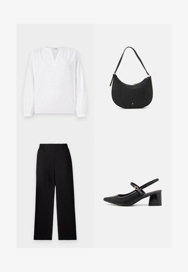 Witte blouse met lange mouwen, V-hals en geborduurd bloemenpatroon. Zachte stof met een licht gestructureerde afwerking. Elastaan mouwen.; Zwarte plissé brede broek met een elastische tailleband. Het materiaal heeft een gestructureerde afwerking. Geen zichtbare hardware of patronen.; Zwarte gepolijste leren slingback hakken met een spitse neus, een ronde uitsnede en een blokhak. Voorzien van een gouden gespaccent.; Zwarte leren handtas met een gebogen vorm, textuuroppervlak, voornaden en een logo in goudkleur. Beschikt over een enkele verstelbare schouderband.