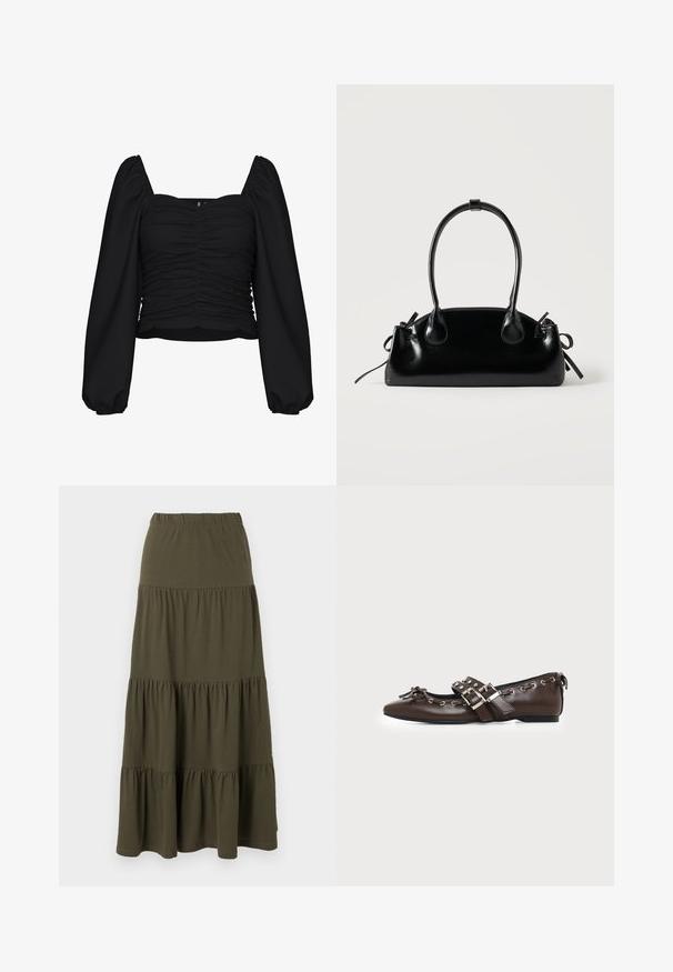 Blouse noire courte en tissu texturé, avec un décolleté carré, un corps froncé et de longues manches bouffantes avec des poignets élastiques.; Jupe maxi verte olive à volants avec taille élastique et panneaux de tissu froncés.; Chaussure plate en cuir marron foncé avec bout pointu, doubles brides à boucles argentées, œillets métalliques et nœud décoratif à l'avant.; Petit sac à main noir brillant avec deux longues anses et des détails à cordon sur les côtés sur un fond clair uni.