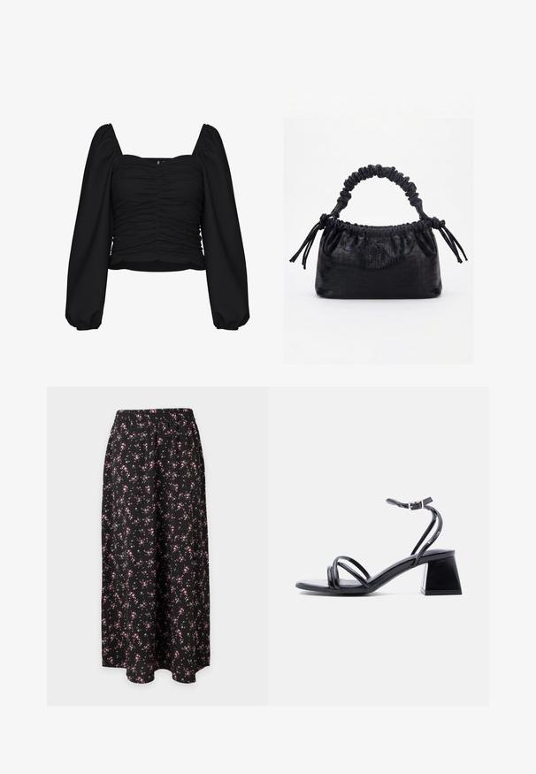 Sort cropped bluse lavet af tekstureret stof, med firkantet udskæring, rucheret krop og lange pufærmer med elastiske manchetter.; Sort lang nederdel med små pink og hvide blomsterprint og elastisk talje mod ensfarvet baggrund.; Sort sandal med stropper, åben tå, ankelspænde og blokhæl, vist i sidelæns syn på en ensartet lys baggrund.; Sort taske med krokodilletekstur, rynket øverste kant, samlet hank og snore med kvaster på hver side mod en hvid baggrund.