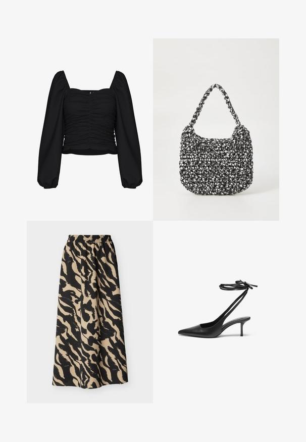 Sort cropped bluse lavet af tekstureret stof, med firkantet udskæring, rucheret krop og lange pufærmer med elastiske manchetter.; Beige og sort dyreprint nederdel med elastisk taljebånd, midi-længde og flydende stof.; Sorte læder stiletto sko med spids tå, åben bag, og ankelstropper bundet i en sløjfe. Slank 3-tommers hæl. Glat overflade, minimalistisk design.; Vævet håndtaske i sort og hvid med en rund form, tekstureret overflade og et fletet håndtag. Velegnet til afslappet brug.