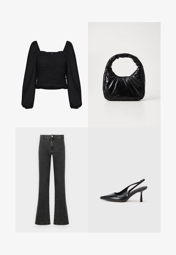 Blouse noire courte en tissu texturé, avec un décolleté carré, un corps froncé et de longues manches bouffantes avec des poignets élastiques.; Jean en denim noir taille haute avec une légère évasement, bouton et fermeture éclair à l'avant, et poches plaquées à l'avant.; Chaussure à talon haut en cuir noir, à bride arrière, avec un bout pointu et un talon fin sur fond blanc.; Sac à main noir rembourré avec une poignée arrondie, présentant une surface lisse et brillante ainsi qu'une texture douce et matelassée. Pas de quincaillerie ou d'accents visibles.