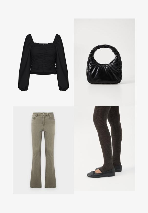 Sort cropped bluse lavet af tekstureret stof, med firkantet udskæring, rucheret krop og lange pufærmer med elastiske manchetter.; Olivenfarvede jeans med lige ben, for-trykknapslukning, bæltestropper og femlommesdesign, vist på en ensfarvet baggrund.; Ben iført mørke ribbede leggings kombineret med sorte balletsko med små sløjfedetaljer på hvid baggrund.; Sort polstret håndtaske med et rundt håndtag, der har en glat, skinnende overflade og en blød, kviltet tekstur. Ingen synlige hardware eller accenter.