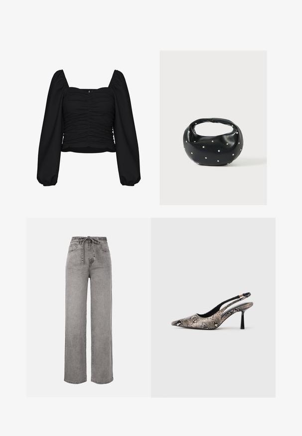 Zwarte cropped blouse van textuurstof, met een vierkante halslijn, gerimpeld lichaam en lange pofmouwen met elastische manchetten.; Grijze denim jeans met hoge taille en wijde pijpen, voorzien van een stoffen riem die aan de voorkant is gestrikt en voorzakken.; Puntige slingback schoenen van textuur leer met slangenprint, met een slanke zwarte hak en een uitgesneden ontwerp aan de zijkanten.; Zwarte leren handtas met een afgeronde vorm, versierd met zilveren studs, en een korte handgreep. Gladde textuur en ritsluiting.