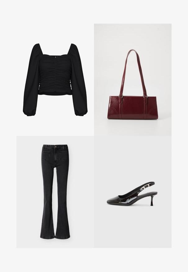 Sort cropped bluse lavet af tekstureret stof, med firkantet udskæring, rucheret krop og lange pufærmer med elastiske manchetter.; Sorte jeans med høj talje og vidde forneden, med forlommer, bæltestropper, knaplukning og synlige sømme på en ensfarvet lys baggrund.; Sort slingback-sko i laklæder med spids tå, sølvspænde og mellemhøj kitten-hæl på en ensartet lys baggrund.; Bordeaux håndtaske lavet af glansfuldt materiale, rektangulær form, med to skulderremme og subtile buede detaljer på forsiden.