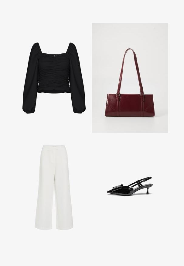 Sort cropped bluse lavet af tekstureret stof, med firkantet udskæring, rucheret krop og lange pufærmer med elastiske manchetter.; Hvide bukser med vide ben, høj talje og et rent, minimalistisk design, front sømdetalje og uden synlige lukninger eller lommer.; Sorte patenterede læderslingbacks med spids tå, en sløjfedetalje foran og en lille stilettohæle. Remmene har justerbare spænder.; Bordeaux håndtaske lavet af glansfuldt materiale, rektangulær form, med to skulderremme og subtile buede detaljer på forsiden.