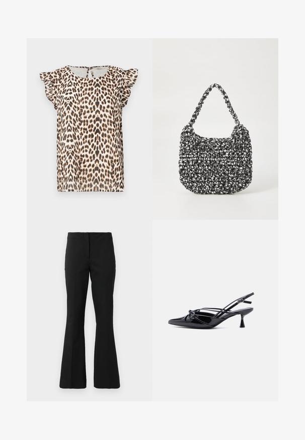Blouse à motif léopard avec des manches courtes volantées, fabriquée en tissu léger. La palette de couleurs comprend des tons beiges, marron et noirs.; Pantalons noirs ajustés avec une taille haute et des jambes légèrement évasées, présentés sur un fond blanc uni.; Escarpin slingback en cuir verni noir, bout pointu, petit talon kitten et nœud décoratif noué à l'avant.; Sac en osier noir et blanc de forme arrondie, avec une surface texturée et une poignée tressée. Convient à un usage décontracté.