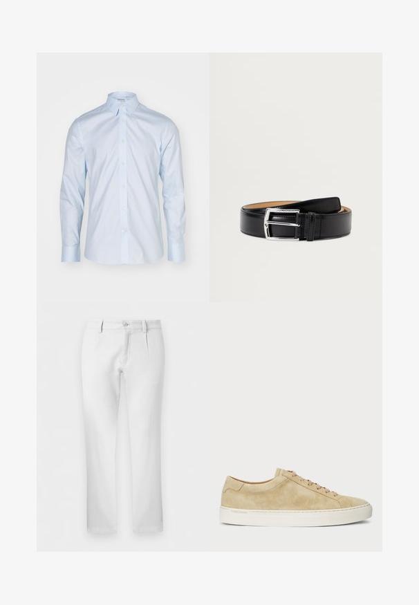 Lichtblauwe overhemd met lange mouwen, voorzien van een klassieke kraag, knoopsluiting en contrasterende knopen; gemaakt van gladde stof met een frisse afwerking.; Witte broek met rechte pijpen, riemlussen, knoopsluiting en plooien aan de voorkant op een effen achtergrond.; Beige suède sneakers met een lage profiel, ronde neus en beige veters. Voorzien van een witte rubberen zool en subtiele branding aan de zijkant.; Zwarte leren riem met een gladde textuur, een zilveren metalen gesp en enkele stiksel details langs de randen.