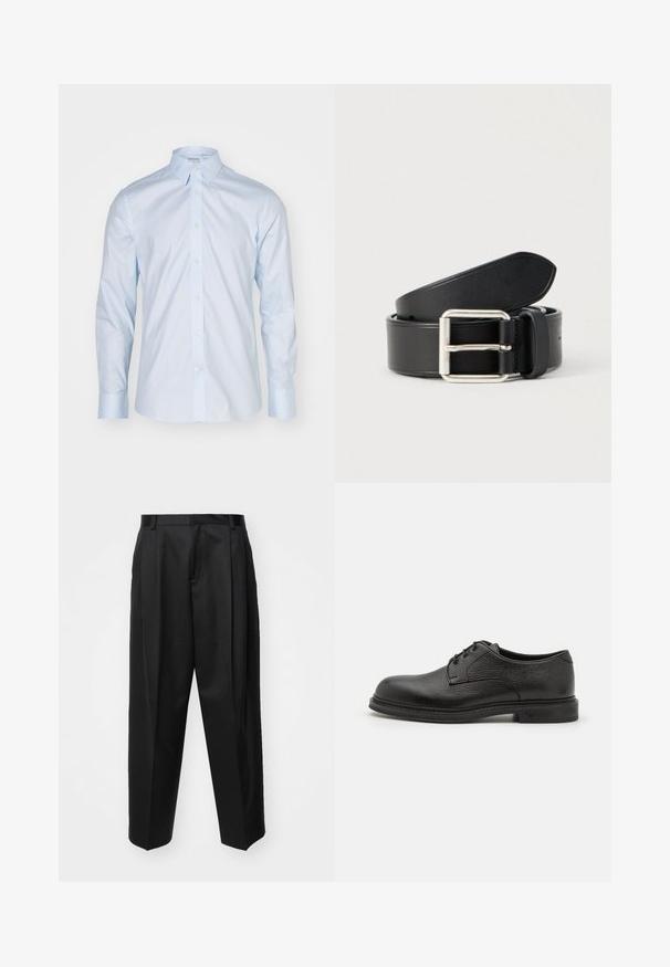 Himmelblaues Langarmhemd mit klassischem Kragen, durchgehender Knopfleiste und kontrastierenden Knöpfen; aus glattem Stoff mit frischer Oberflächenstruktur gefertigt.; Schwarze, taillierte Hosen mit hoher Taille, weitem Bein und scharfen Falten. Aus glattem Stoff gefertigt, mit Gürtelschlaufen und ohne sichtbare Beschläge.; Emporio Armani LACED SHOE - Schnürer - nero; Schwarzer Ledergürtel mit glatter Textur, silberner Metallschnalle und einem klaren, einfachen Design. Verfügt über Löcher für eine verstellbare Passform.