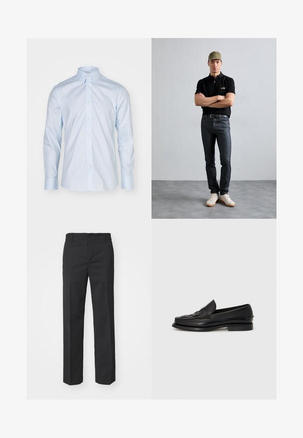 Himmelblaues Langarmhemd mit klassischem Kragen, durchgehender Knopfleiste und kontrastierenden Knöpfen; aus glattem Stoff mit frischer Oberflächenstruktur gefertigt.; Filippa K TROY TROUSERS - Stoffhose - black; Schwarze Lederloafer mit einem geflochtenen Detail auf der Vorderseite, runder Zehenpartie und niedrigem Absatz. Glatte Textur und minimalistisches Design.; Schwarzes Polohemd mit goldenem Logo, dunkle Jeans und helle Schuhe. Olivgrüne Mütze mit Logo. Das Modell steht mit verschränkten Armen vor einem strukturierten Hintergrund.