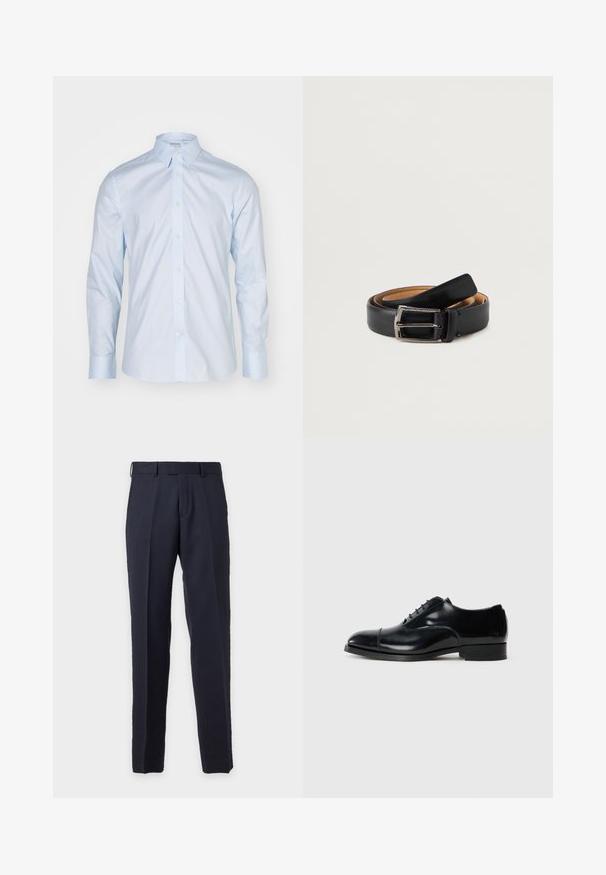 Lichtblauwe overhemd met lange mouwen, voorzien van een klassieke kraag, knoopsluiting en contrasterende knopen; gemaakt van gladde stof met een frisse afwerking.; Marineblauwe op maat gemaakte broek met riemlussen, voorplooi en ritssluiting, afgebeeld tegen een effen lichte achtergrond.; Zwarte leren dresschoenen met een gepolijste afwerking, ronde neus, vetersluiting en een lage gestapelde hak, met een subtiele naaddetail.; Zwarte leren riem met een gladde afwerking, voorzien van een zilverkleurige rechthoekige gesp en een contrasterende bruine binnenvoering.