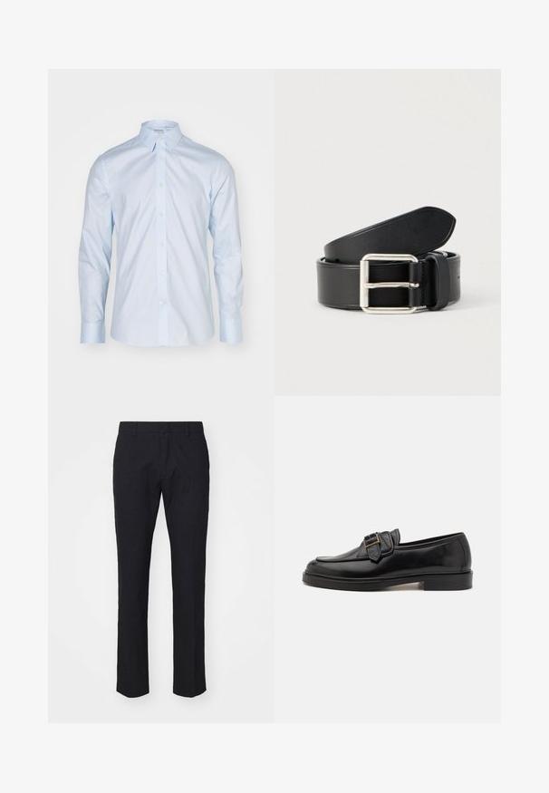 Camisa de manga larga azul clara con un cuello clásico, delantero abotonado y botones en contraste; hecha de una tela suave con un acabado nítido.; Pantalones navy con un corte entallado, hechos de una tela suave. Cuentan con un frente plano, trabillas para un cinturón y piernas rectas con un dobladillo limpio.; Mocasines de cuero negro con punta redonda y un acento decorativo de hebilla. Tacón plano y sólido, con una textura suave en todo el zapato.; Cinturón de cuero negro con textura lisa, hebilla metálica plateada y diseño limpio y sencillo. Cuenta con agujeros para ajuste.