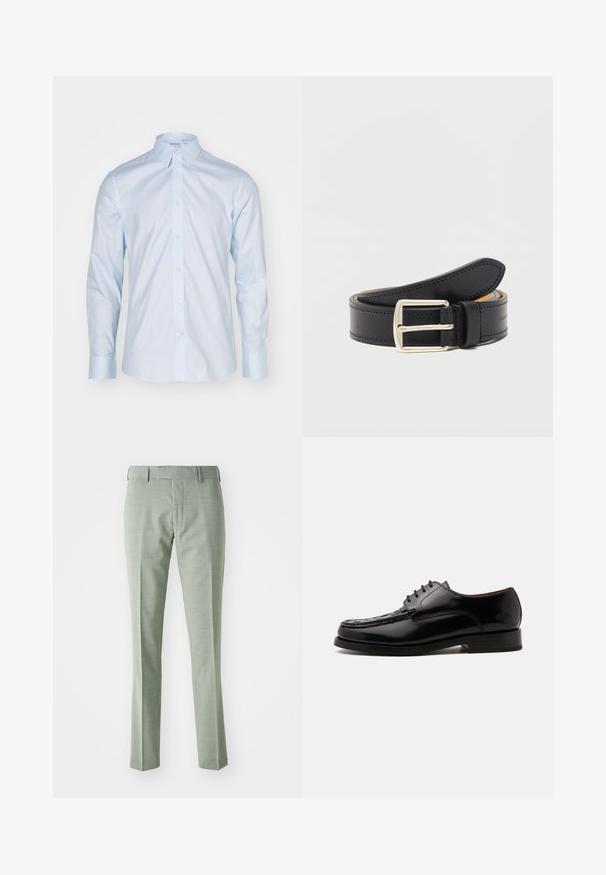 Camisa de manga larga azul clara con un cuello clásico, delantero abotonado y botones en contraste; hecha de una tela suave con un acabado nítido.; Pantalones verdes claros hechos a medida, con una textura suave, piernas rectas y un diseño clásico de cintura, adecuados para entornos formales.; Zapato de vestir de cuero negro brillante con cordones en la parte delantera, detalles cosidos en la punta y tacón bajo apilado sobre un fondo blanco.; Cinturón de cuero negro con hebilla rectangular plateada, enrollado con costuras visibles a lo largo de los bordes sobre un fondo blanco liso.