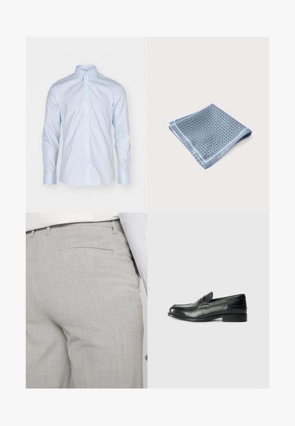 Lichtblauwe overhemd met lange mouwen, voorzien van een klassieke kraag, knoopsluiting en contrasterende knopen; gemaakt van gladde stof met een frisse afwerking.; Lichtgrijze, op maat gemaakte broek van gestructureerde stof, met een enkele achterzak en nette stiksels.; Zwarte leren instappers met een gladde afwerking, gestikte details over de bovenkant en een licht verhoogde hak.; Opgevouwen blauwe zijden pochet met een klein herhalend geometrisch patroon en een witte rand op een effen achtergrond.