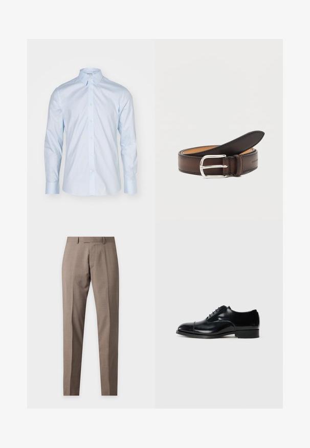 Himmelblaues Langarmhemd mit klassischem Kragen, durchgehender Knopfleiste und kontrastierenden Knöpfen; aus glattem Stoff mit frischer Oberflächenstruktur gefertigt.; Beige Slim-Fit-Hose mit Gürtelschlaufen und Bügelfalte vorne, flach auf schlichtem Hintergrund dargestellt.; Schwarze Leder-Dressschuhe mit polierter Oberfläche, runder Zehenform, Schnürdesign und niedrigem gestapeltem Absatz, versehen mit einer dezenten Nahtdetail.; Dunkelbrauner Ledergürtel, zusammengerollt, mit silberner rechteckiger Schnalle auf weißem Hintergrund.