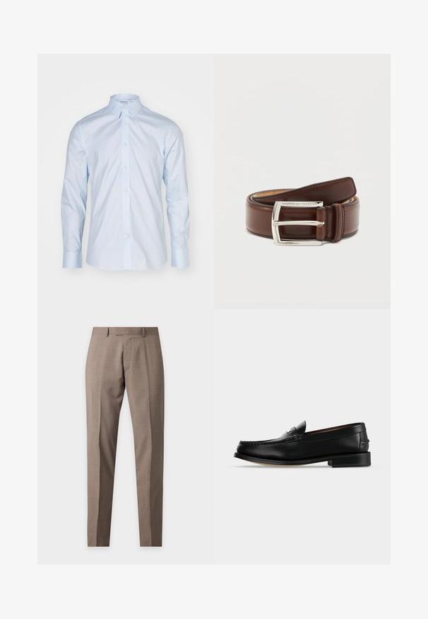 Himmelblaues Langarmhemd mit klassischem Kragen, durchgehender Knopfleiste und kontrastierenden Knöpfen; aus glattem Stoff mit frischer Oberflächenstruktur gefertigt.; Beige Slim-Fit-Hose mit Gürtelschlaufen und Bügelfalte vorne, flach auf schlichtem Hintergrund dargestellt.; Schwarzer Leder-Herrenschuh (Loafer) mit niedrigem Absatz und Mokassin-artiger Naht am Zehenbereich, seitlich auf einfarbigem Hintergrund dargestellt.; Gekringelter glatter brauner Ledergürtel mit silberner rechteckiger Schnalle, graviert mit "Tiger of Sweden" auf neutralem Hintergrund.