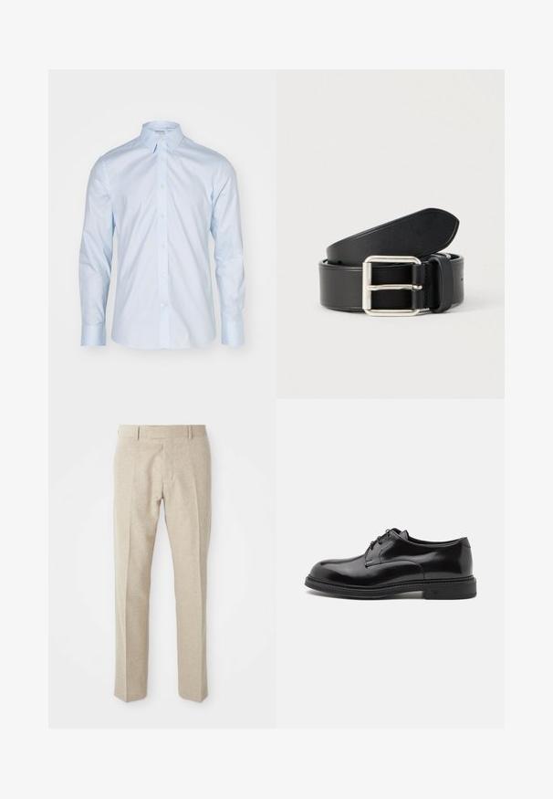 Camisa de manga larga azul clara con un cuello clásico, delantero abotonado y botones en contraste; hecha de una tela suave con un acabado nítido.; Pantalones beige ajustados hechos de una tela texturizada, con un frente plano, piernas rectas y una cintura tradicional con pasadores para cinturón.; Zapato de vestir de cuero negro con un acabado suave, punta redondeada y cordones. Cuenta con una suela negra gruesa y un sutil detalle de costura a lo largo del borde.; Cinturón de cuero negro con textura lisa, hebilla metálica plateada y diseño limpio y sencillo. Cuenta con agujeros para ajuste.