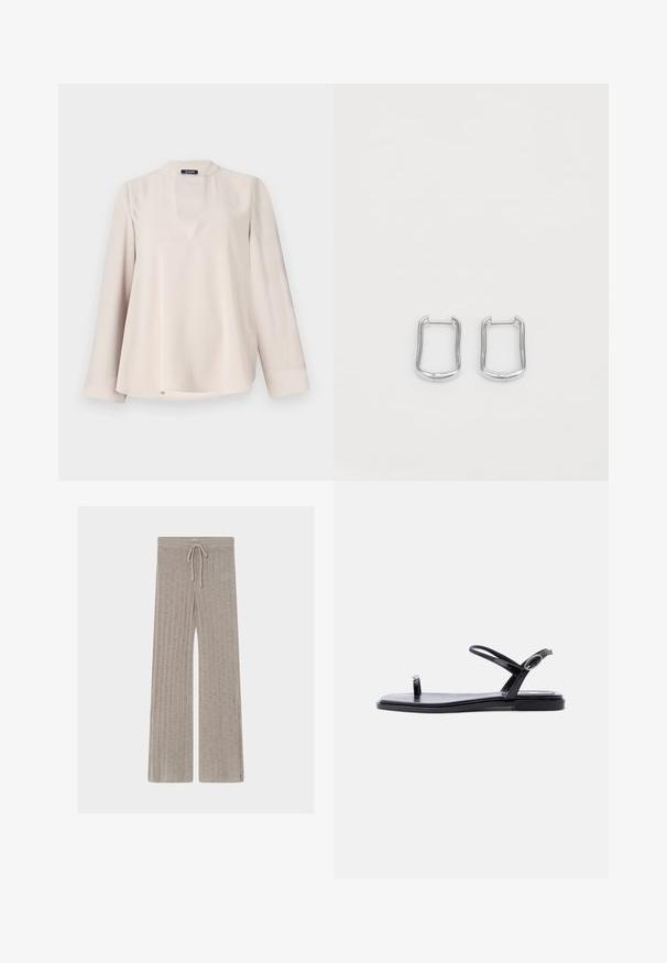 Blouse beige clair à manches longues avec un décolleté en forme de trou de clé et un ourlet arrondi. Fabriquée en tissu lisse, elle présente une coupe décontractée et un minimum de détails.; Pantalon beige en maille à jambes larges avec côtes verticales et taille à cordon, posé à plat sur un fond clair.; Sandale plate noire avec fines lanières, boucle ajustable à la cheville et boucle pour l'orteil, sur un fond blanc uni.; Boucles d'oreilles en métal argenté en forme de rectangle avec des bords légèrement arrondis, présentant une texture lisse et un design simple et minimaliste.