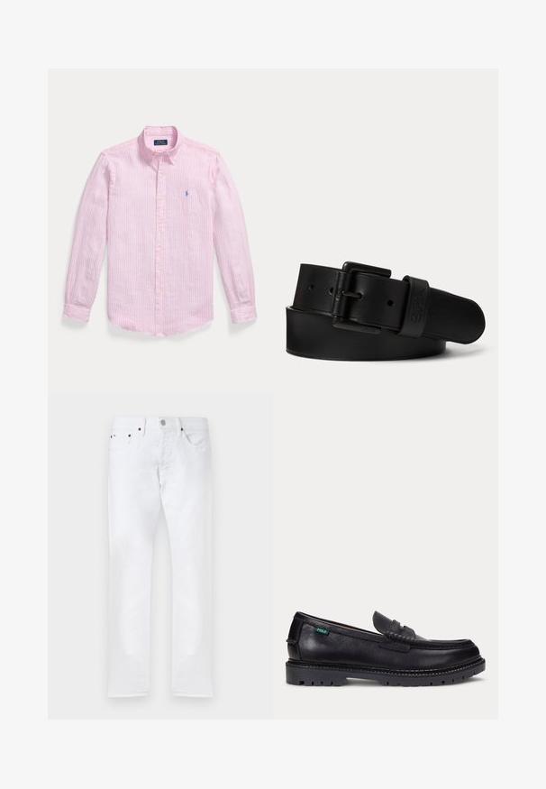 Chemise rose clair à manches longues avec fines rayures verticales blanches et un petit logo bleu brodé sur la poitrine gauche.; Jean blanc slim ajusté avec cinq poches, fermeture à boutons et passants pour ceinture, présenté à plat sur un fond blanc.; Mocassin en cuir noir avec une semelle épaisse à crampons et une petite étiquette verte "Polo" sur le côté extérieur, près du talon.; Ceinture en cuir noir avec une boucle rectangulaire noire et un logo embossé sur la boucle, roulée sur un fond clair uni.