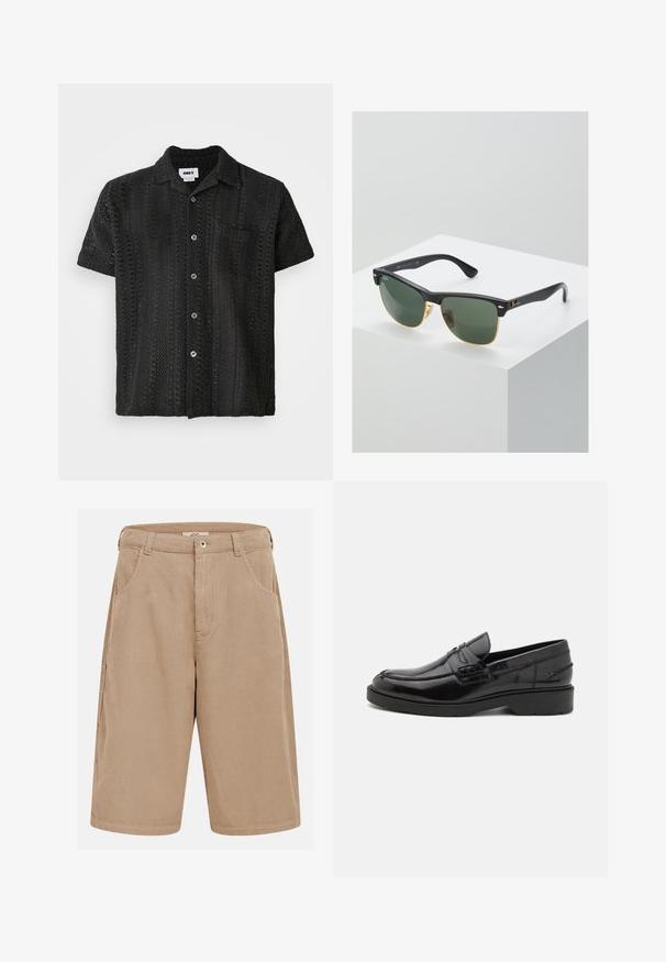 Schwarzes Kurzarm-Crochet-Shirt mit lockerem Schnitt, Knopfleiste auf der Vorderseite, einer Brusttasche und strukturiertem offenen Muster.; Beige Cord-Kniebund-Shorts mit Gürtelschlaufen, Fronttaschen und Knopfverschluss.; Schwarze Lederloafers mit glatter Oberfläche, abgerundetem Zehenbereich, niedrigem Absatz und dekorativer Naht entlang der Vorderseite. Gummisohle für guten Halt.; Ray-Ban Sonnenbrillen mit grünen Gläsern, schwarzen Kunststoffrahmen und goldenen Akzenten an den Rändern. Quadratische Form mit matter Oberfläche.