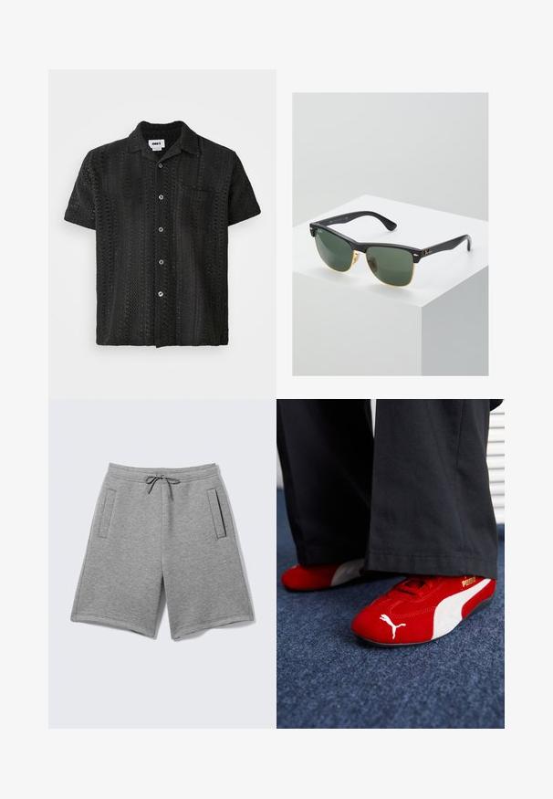 Camisa de ganchillo negra de manga corta con un corte relajado, presenta un cierre de botones en la parte delantera, un bolsillo en el pecho y un patrón texturizado abierto.; Pantalones cortos casuales de color gris claro con cintura ajustable con cordón y dos bolsillos laterales verticales sobre un fondo liso.; Zapatillas de ante rojas con acentos blancos, que cuentan con material texturizado, punta redonda y un logo dorado en el lateral, combinadas con pantalones negros.; Gafas de sol Ray-Ban con lentes verdes, montura de plástico negro y acentos dorados en los bordes. Forma cuadrada con acabado mate.